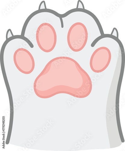  A cute, stylized flat vector illustration of an animal paw print, likely a cat, with white fur, pink pads, and visible claws.