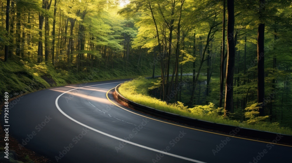 Obraz premium A winding road through a lush, verdant forest, sunlight filtering through the canopy of trees, creating a serene and magical atmosphere, intricate details, cinematic lighting, depth of field, highly d