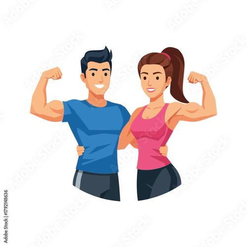 Man and woman flexing their biceps smiling wearing sportswear fitness illustration.