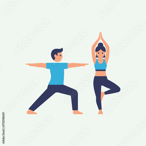 Two people performing yoga poses man in warrior two woman in tree pose.