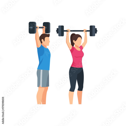 Man and woman lifting weights overhead fitness exercise strength training workout.