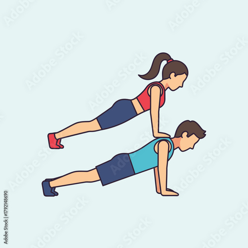 Two people doing pushups one on top of the other in a fitness pose.