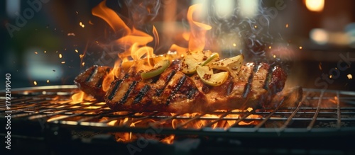 Fototapeta Naklejka Na Ścianę i Meble -  3d render, epic, cinematic, close-up, extreme close-up, rotisserie, spit roasted chicken, crispy skin, flaming, charred, glowing embers, hot coals, wood smoke, warm lighting, depth of field, hazy atmo