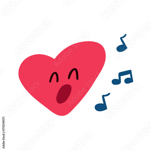 Singing Heart Music. Minimal vector illustration of heart character singing with musical notes. Simple romantic melody concept.
