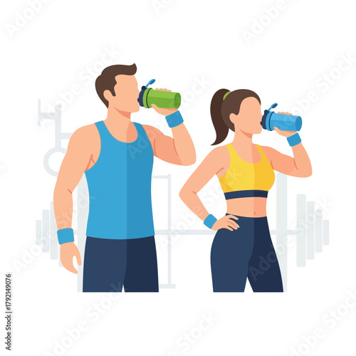 Man and woman drinking from bottles after exercise wearing wristbands.
