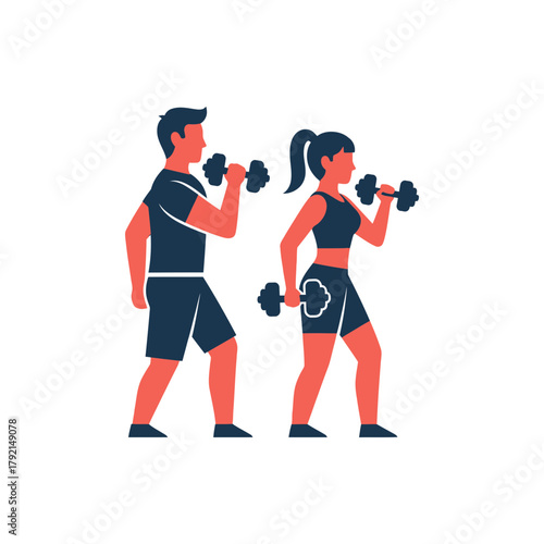 Man and woman lifting dumbbells exercising together fitness workout healthy lifestyle.