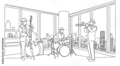 One continuous line drawing of a jazz band in a room with a city view.  a.eps illustration