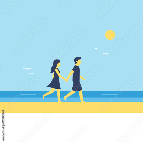 Couple walks hand in hand on a beach near the water under the sun.