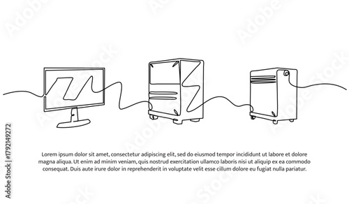 Set of monitors and cpu one line. Electronic tools. Abstract minimal continuous line isolated on white background.