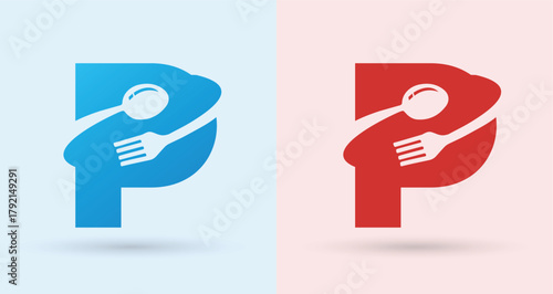   Letter P Spoon Fork Food Monogram Logo For Restaurant Brand Identity Modern Minimal Design Template
