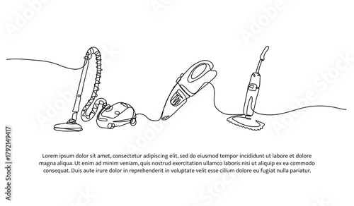 Set of vacuum cleaner and steam mop one line. Electronic tools. Abstract minimal continuous line isolated on white background.