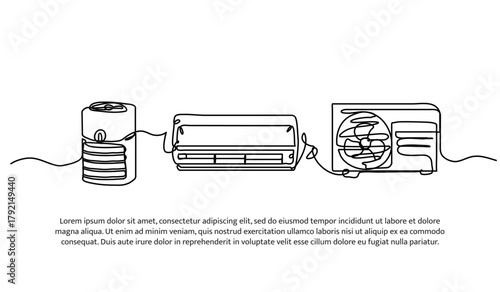 Set of air purifier, air conditioner, and ac outdoor one line. Electronic tools. Abstract minimal continuous line isolated on white background.