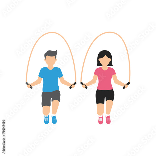Boy and girl exercising with jump ropes doing physical activity together.