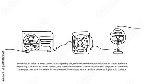 Set of ac outdoor and exhaust fan one line. Electronic tools. Abstract minimal continuous line isolated on white background.