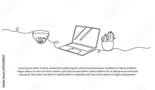 Set of surveillance camera, laptop and cactus one line. Electronic tools. Abstract minimal continuous line isolated on white background.