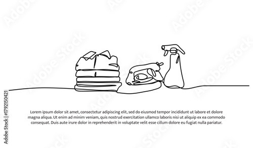 Set of pile of clothes, iron and perfume spray one line. Electronic tools. Abstract minimal continuous line isolated on white background.
