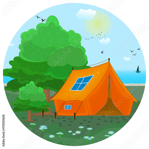 Camping tent on coast icon. Tourist recreation tent on beach in circle. Rest on sea, lake coast and sky background. Summer camp vacation.Weekend or solitude in nature in tent.Hiking and camping.Vector