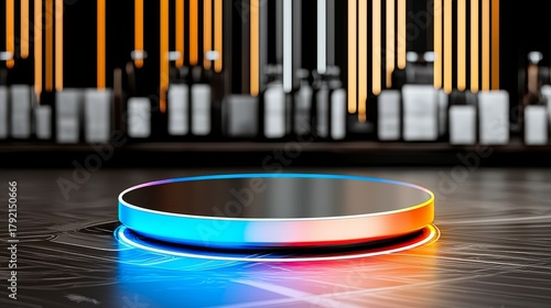 Reflective Platform Showcasing E-commerce Products with Colorful Light Effects