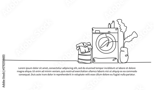 Set of washing machine and clothes in the basket one line. Electronic tools. Abstract minimal continuous line isolated on white background.