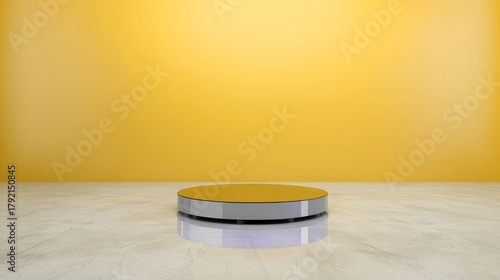 Bright Luminous Product Display Platform with Reflective Surface on Yellow Background