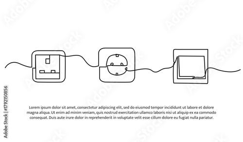 Set of light switches and electric plug one line. Electronic tools. Abstract minimal continuous line isolated on white background.