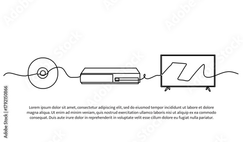 Set of cd, dvd player and monitors one line. Electronic tools. Abstract minimal continuous line isolated on white background.