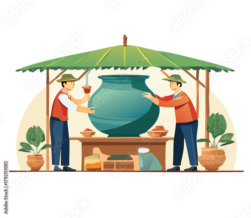 Traditional Thai water festival preparation with men pouring water into a large pot, celebrating Songkran with cultural significance and festive spirit