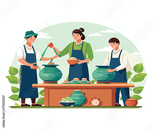 Artisans crafting vibrant pottery with passion, creating unique ceramic art in a workshop, showcasing skill and collaboration in a creative environment