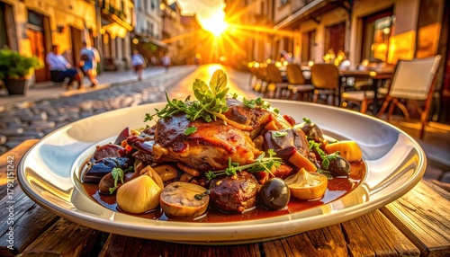 Fototapeta Naklejka Na Ścianę i Meble -  Gourmet meat stew on a plate in a European street cafe at sunset