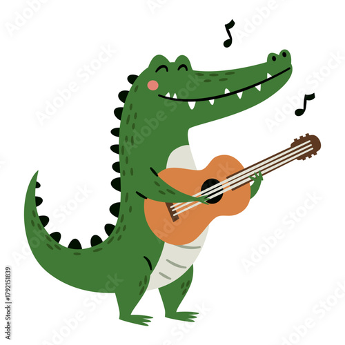 A cute crocodile plays the guitar. A flat vector illustration in a simple children's style. . Vector illustration