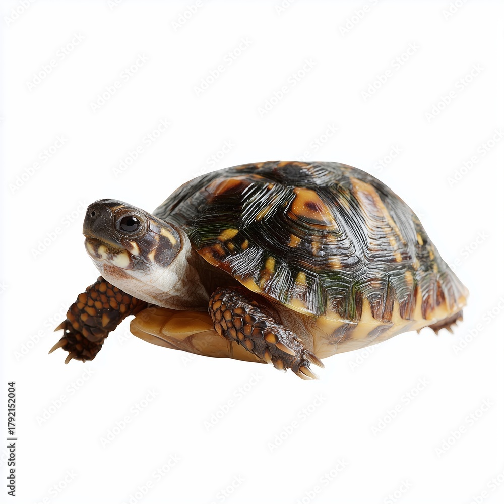 Fototapeta premium Beautiful tortoise moving on a white surface in a calm setting during daylight