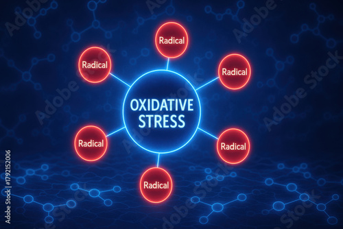 Oxidative stress molecule diagram shows reactive radical formation. This serious biomedical science concept with neon light on molecular background represents cell environment