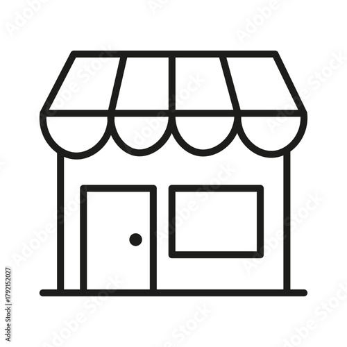Shop icon, shop line art - simple line art of shop, perfect for shop logos and icons. building icon. Minimalist black and white line drawing of storefront with striped awning, double doors.