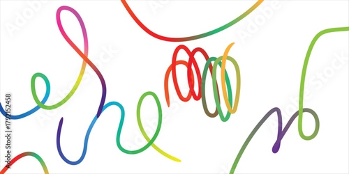 Abstract vector graphic of vibrant rainbow colored scribble lines. Creative and chaotic tangled string design element on a white background