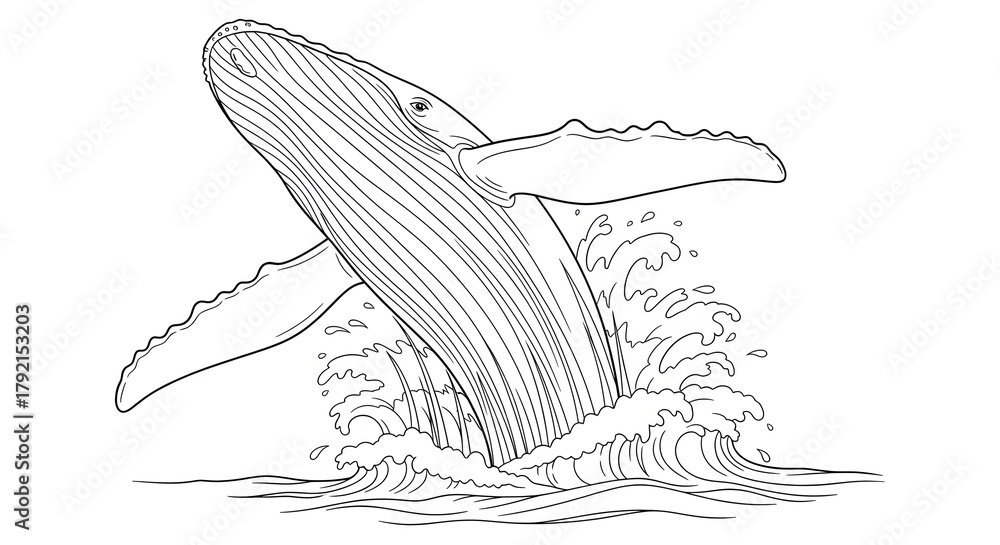Fototapeta premium Line drawing of a majestic whale breaching from ocean waves