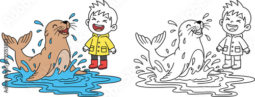 Cheerful Cartoon Sea Lion and Boy Splashing in Water Coloring Page Fun