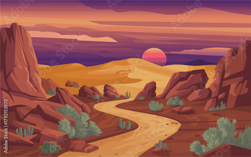 Vector illustration of a winding desert path through jagged sandstone cliffs, cacti, and shrubs under a glowing crimson sun, with dramatic orange and violet sky in stylized realism