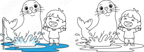 Cute Cartoon Seal and Happy Kid Playing in Water Coloring Book Page