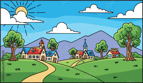 Cartoon village with houses church and general store