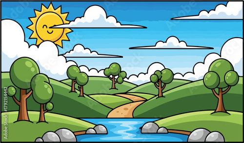 Cartoon sun smiling over green rolling hills and blue river