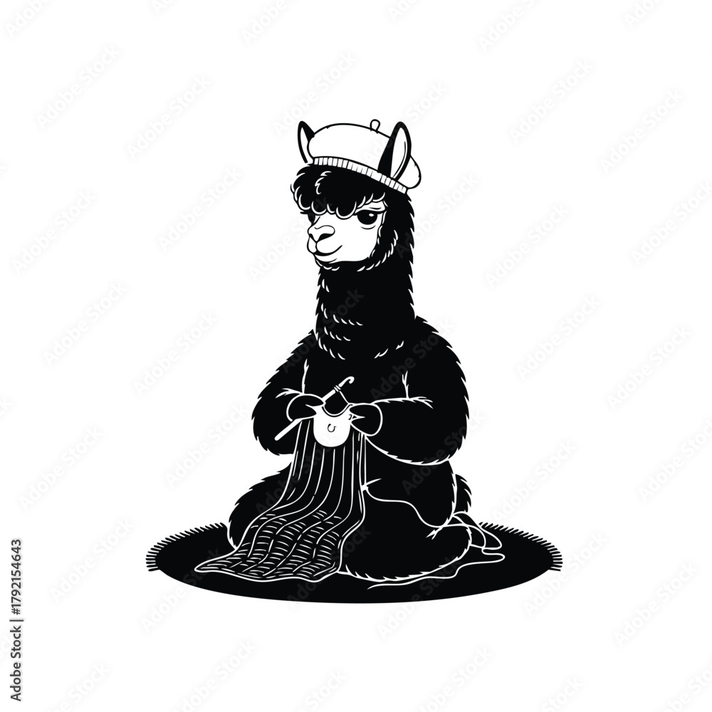 Naklejka premium Alpaca silhouette with white background knitting a scarf wearing beret and needle working as artist 110 characters