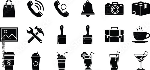 Collection of various objects and items in black silhouette