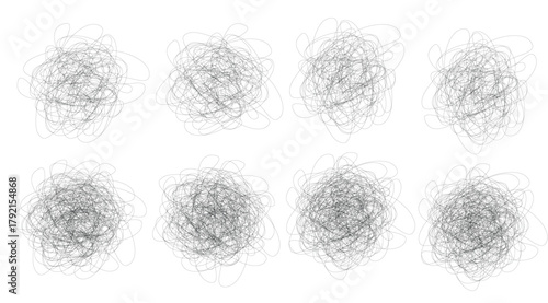 Chaotic Scribble Clipart: A group of eight artistic, complex, and intricate black line sketches, perfect for background, design element, or depicting confusion
