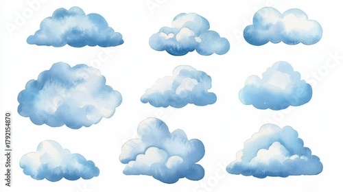 A collection of beautifully painted watercolor clouds on a pure white backdrop. 