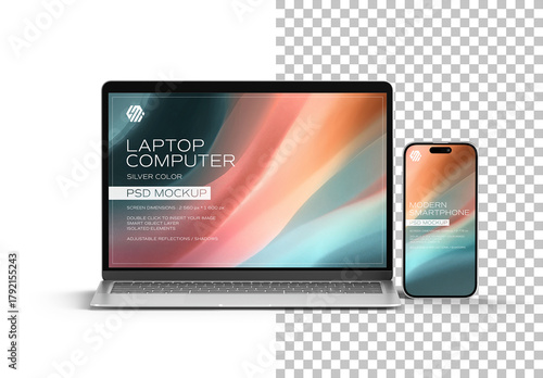 Front View Of Smartphone and Laptop Mockup Isolated on White