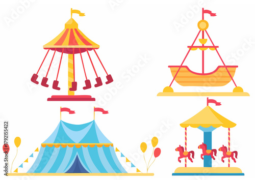 Amusement Park Rides and Circus Tent Flat Vector Illustration
