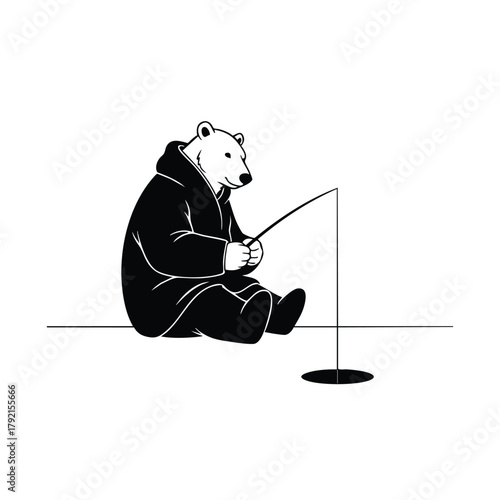 Bear silhouette on White background wearing coat and fishing in winter from hole in ice with fishing rod