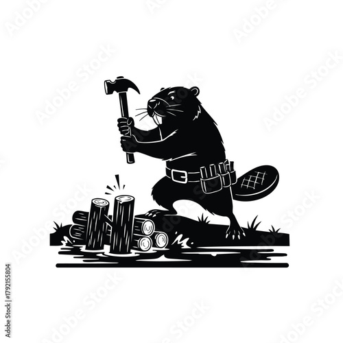 Beaver Silhouette Lumberjack with Axe on White Background Forest Wood Construction Nature Vector