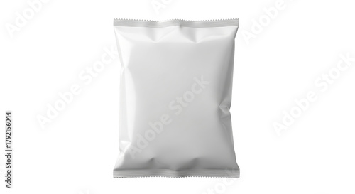 Blank white snack bag with crimped edges and creased surface isolated on a transparent background packaging