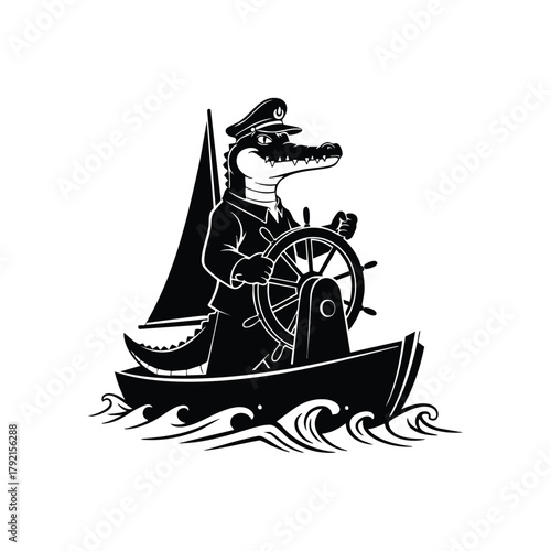 Crocodile Captain Sailing Boat Silhouette Nautical Adventure on White Background Graphic Vector Illustration